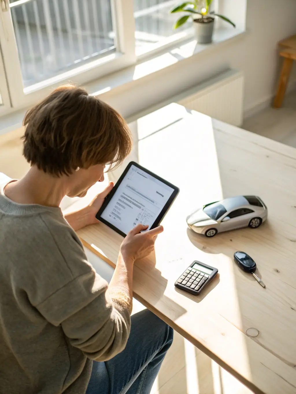 A person smiling while filling out a mortgage application form on a tablet, set in a modern, bright home office. The scene emphasizes the ease and convenience of the application process.