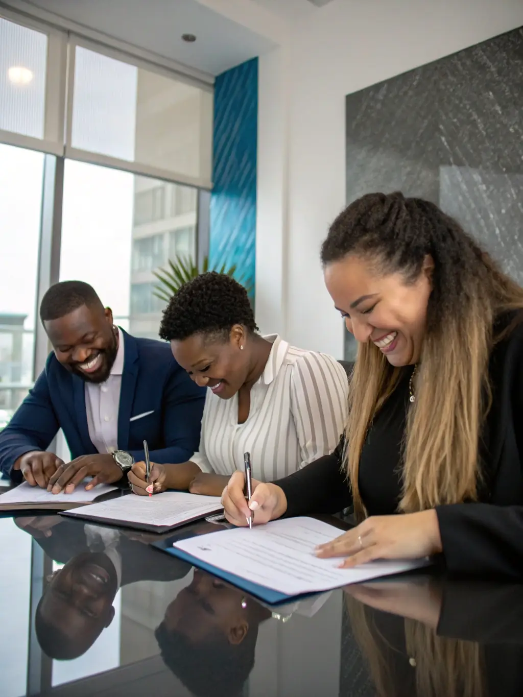 A diverse group of people happily gathered around a table, reviewing mortgage documents, symbolizing inclusivity and personalized service.