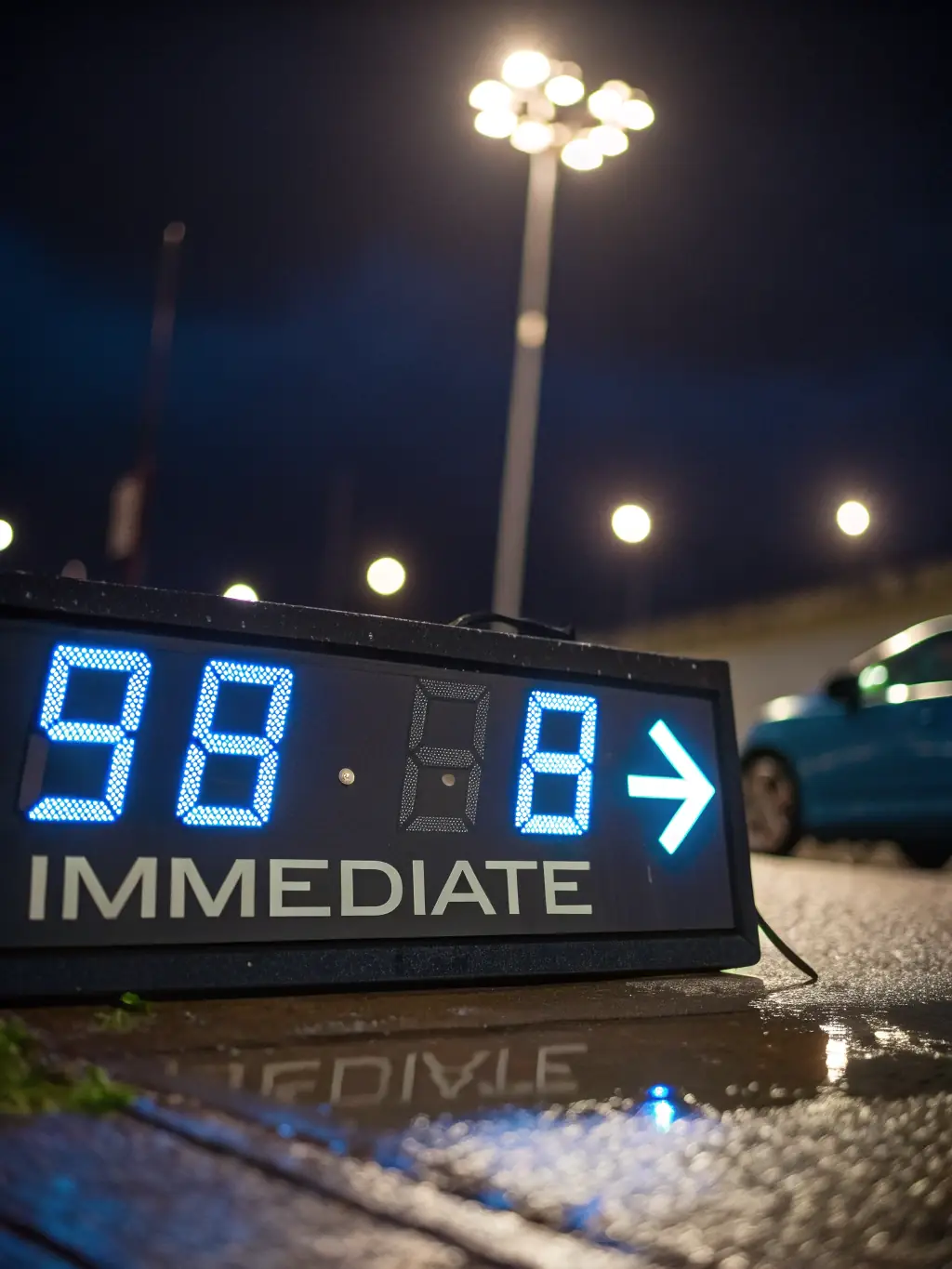 A digital clock with an arrow moving quickly, symbolizing fast processing times, with a blurred background of a busy office environment.