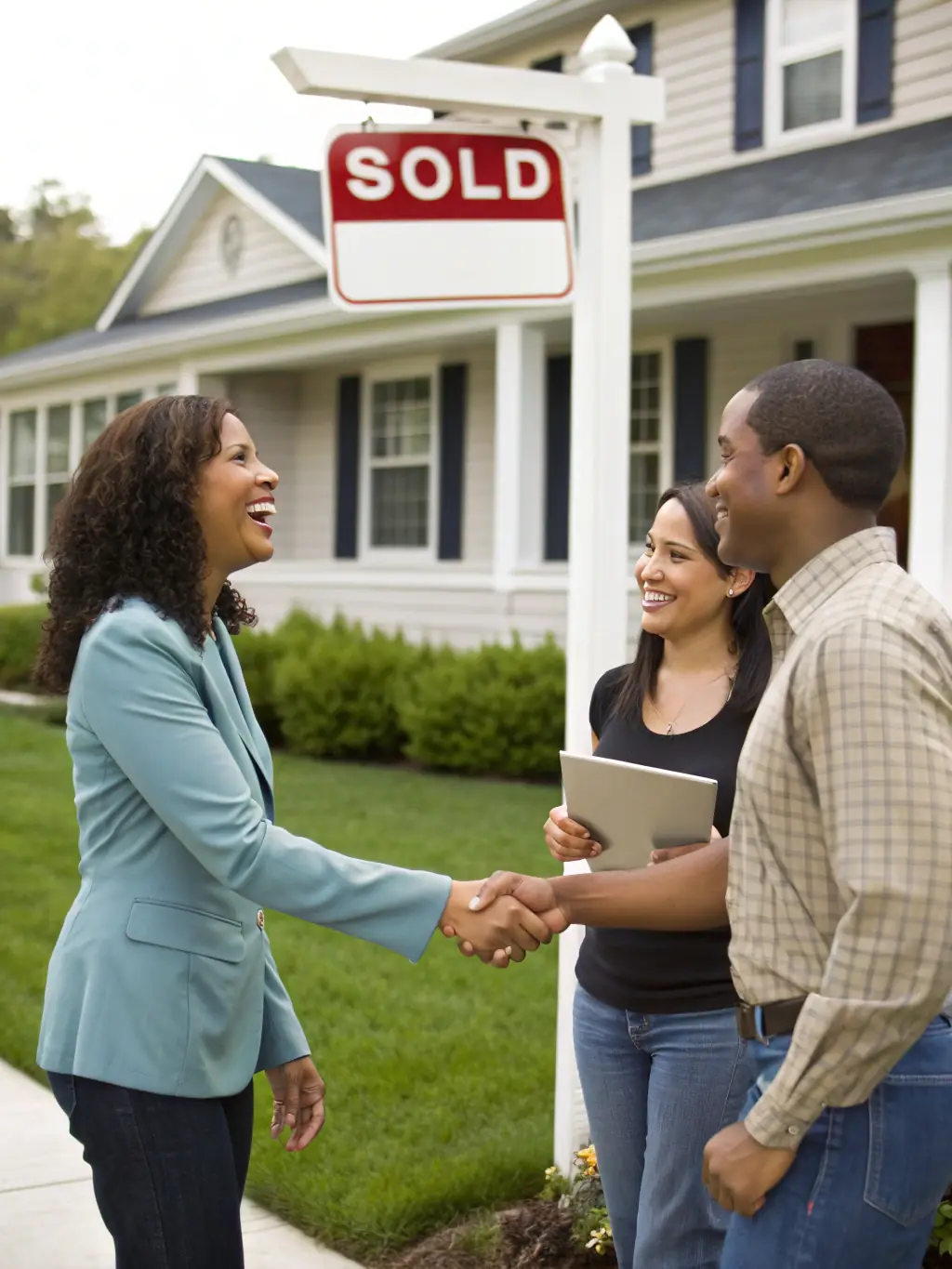 A handshake between a mortgage broker and a client in front of a new home, symbolizing trust and a successful partnership.